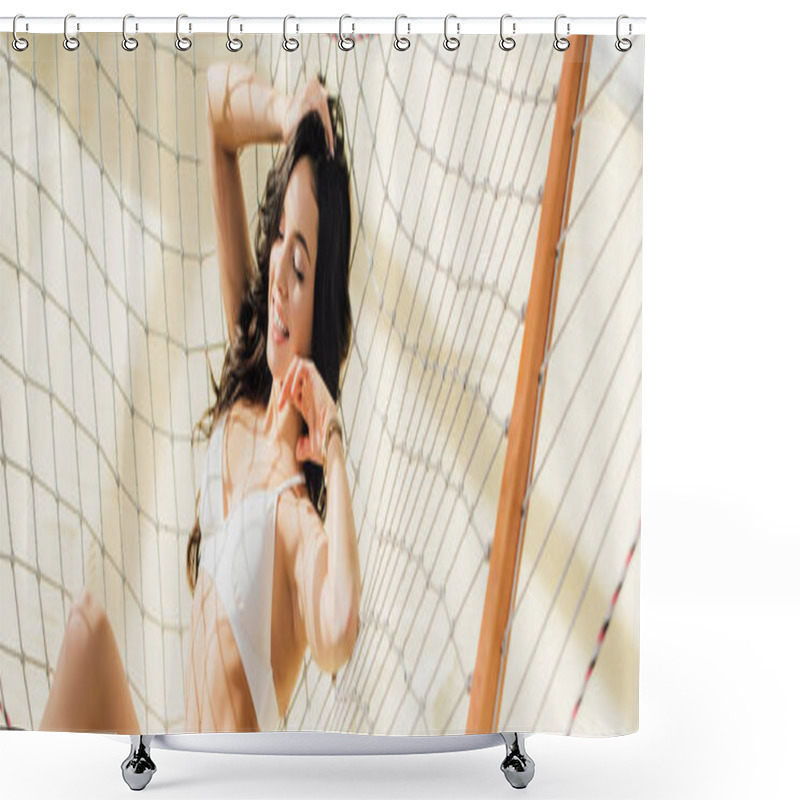 Personality  Panoramic Shot Of Beautiful Sexy Girl In Bikini Smiling While Lying In Hammock On Beach Shower Curtains