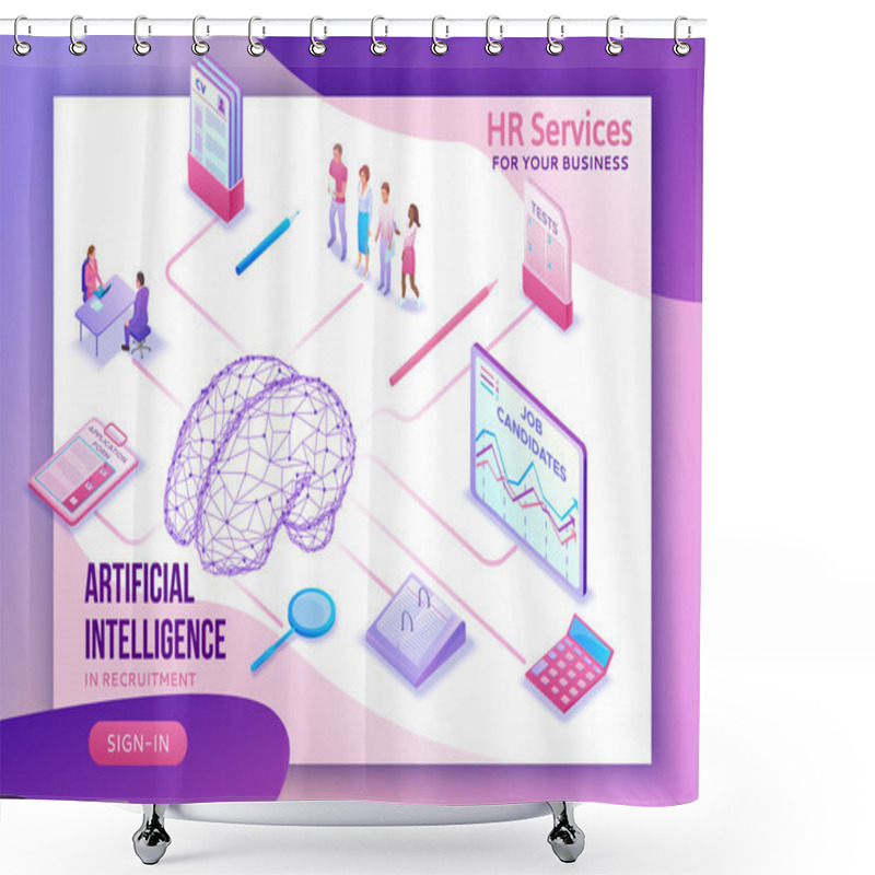 Personality  Human Resources With Artificial Intelligence,hr Recruiting Agency Website Ui Ux Template With 3d Employer Hiring Man, Job Interview, Candidate Search Work, Business People, Isometric Illustration Shower Curtains