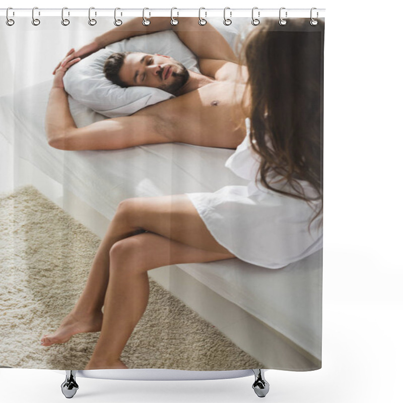 Personality  High Angle View Of Young Woman Sitting Near Sleeping Boyfriend In Morning Shower Curtains