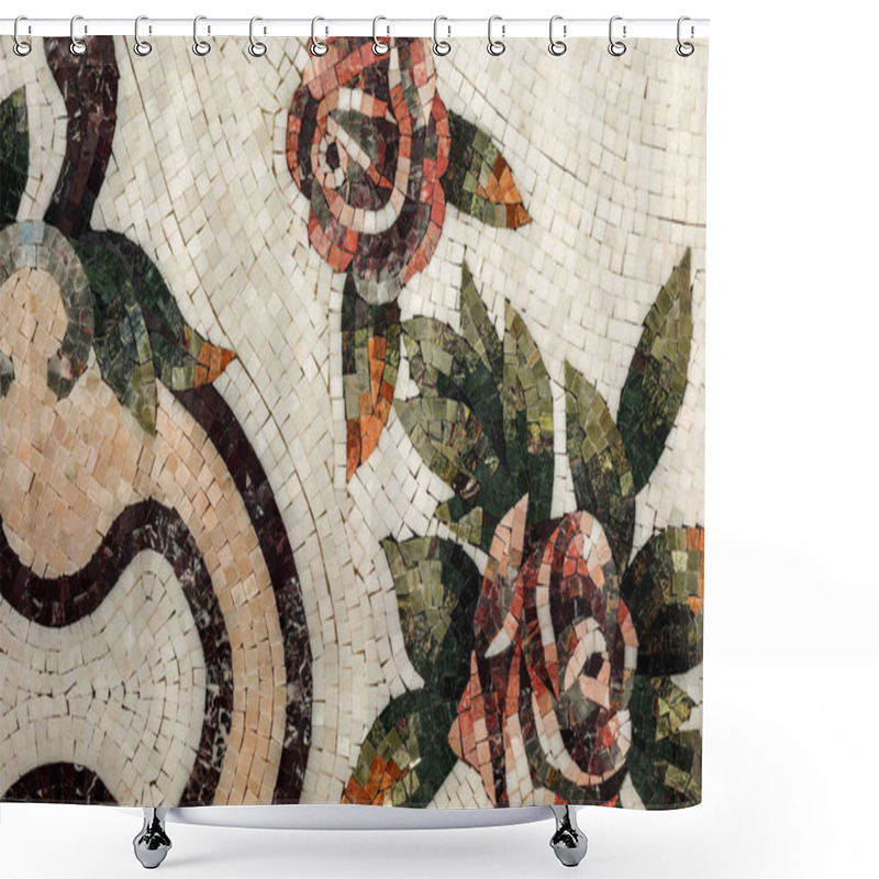 Personality  Detail Of A Beautiful Marble Mosaic Panel. Interior Marble Mosaic. A Piece Of Marble Venetian Mosaic As A Decorative Background .. Selective Focus Shower Curtains