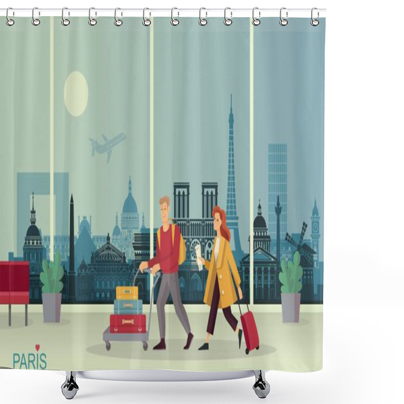 Personality  Young Couple With Luggage At The Airport. Against The Background Of An Abstract Panorama Of The Paris Attractions. Shower Curtains