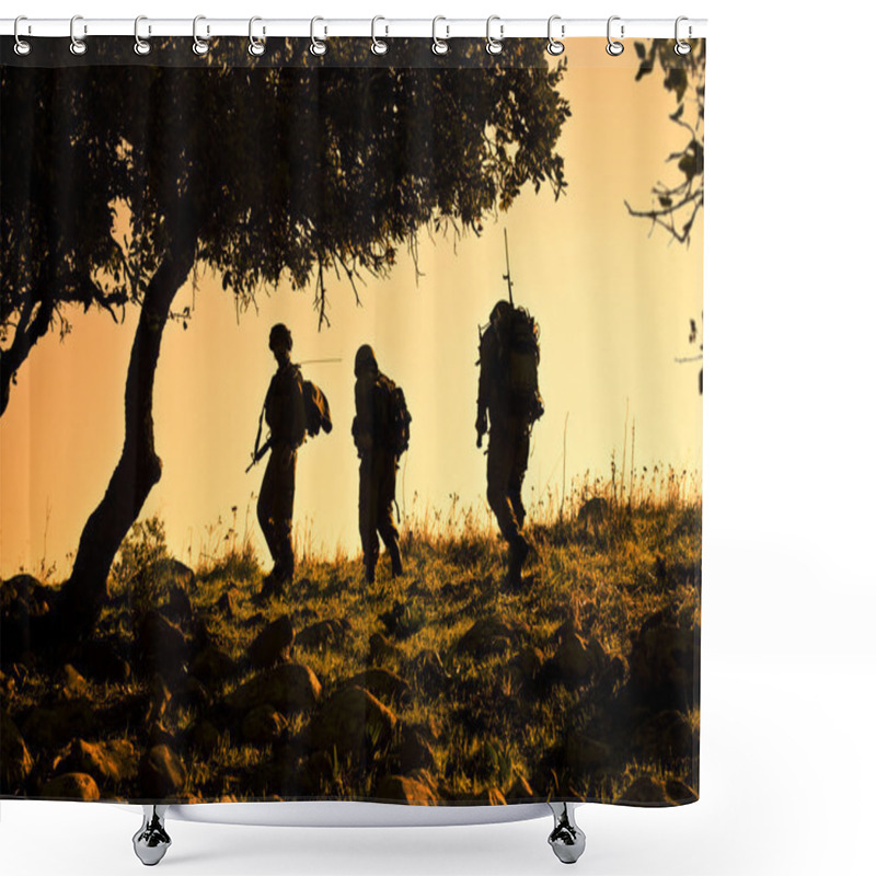 Personality  Three Soldiers Patrolling During Sunset Shower Curtains