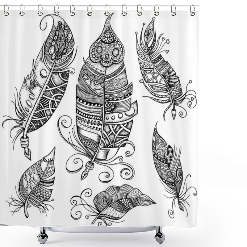 Personality  Hand Drawn Line Art Of Feathers With Ornaments Shower Curtains