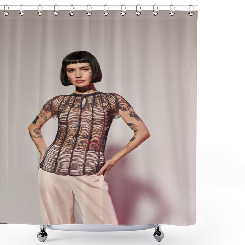 Personality  A Fashionable Woman Confidently Poses In An Artistic Studio Space. Shower Curtains