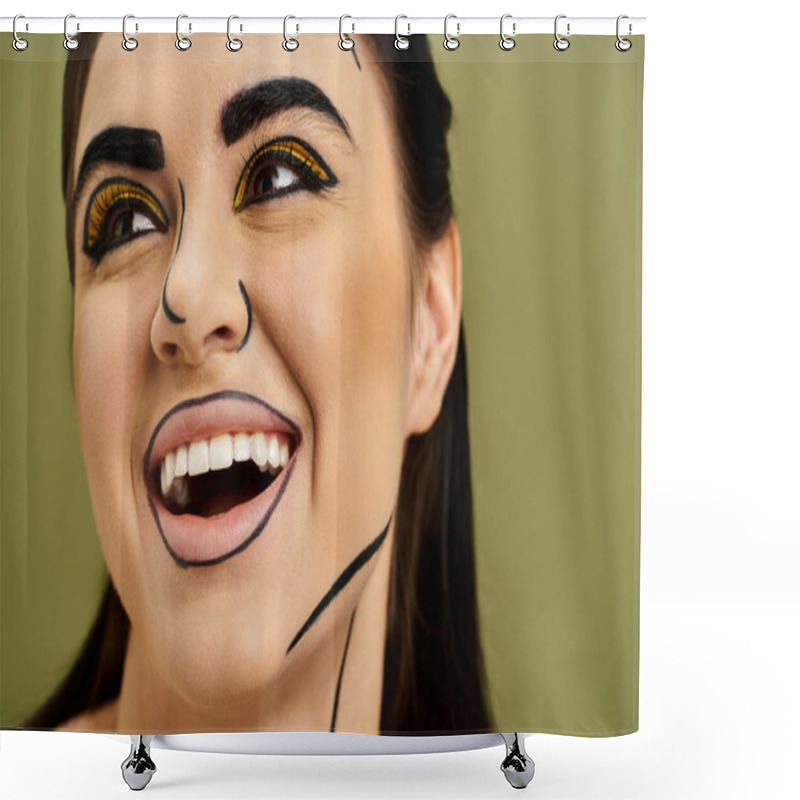 Personality  Brunette Woman In Pop Art Makeup With Black And Yellow Hues. Shower Curtains