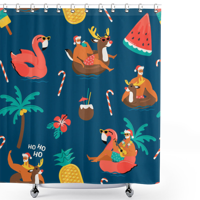 Personality  Christmas Seamless Pattern With Cute Funny Santa Claus Animals With Reindeer And Flamingo Inflatable Ring. Tropical Christmas. Vector Illustration. Shower Curtains