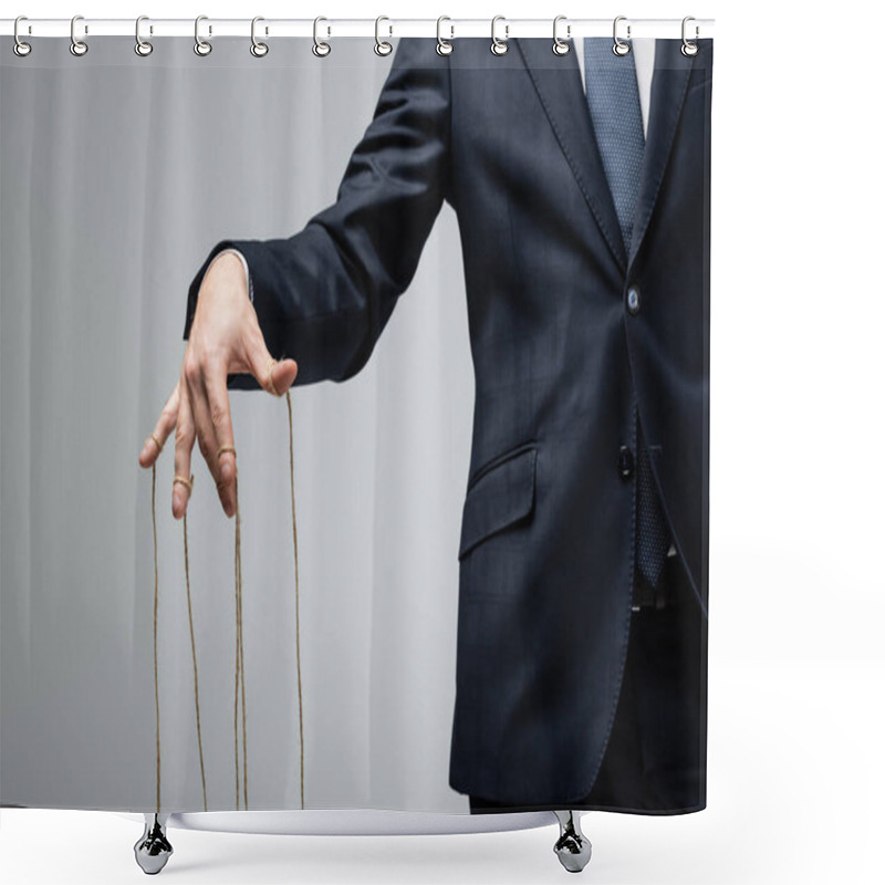 Personality  Partial View Of Puppeteer In Suit With Strings On Fingers Isolated On Grey Shower Curtains