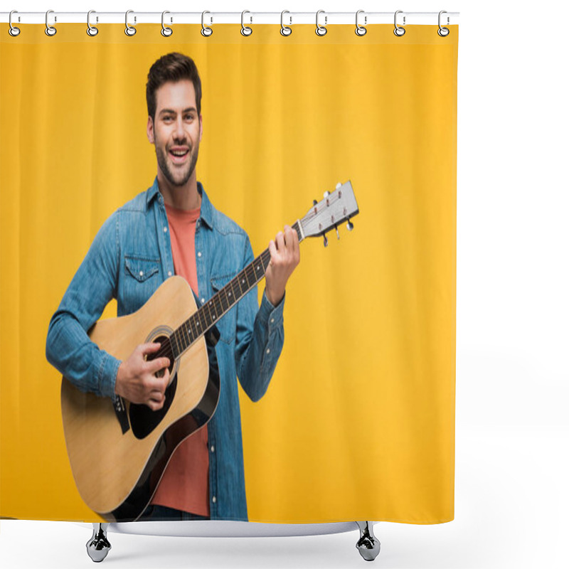 Personality  Handsome Smiling Man Playing Acoustic Guitar Isolated On Yellow Shower Curtains