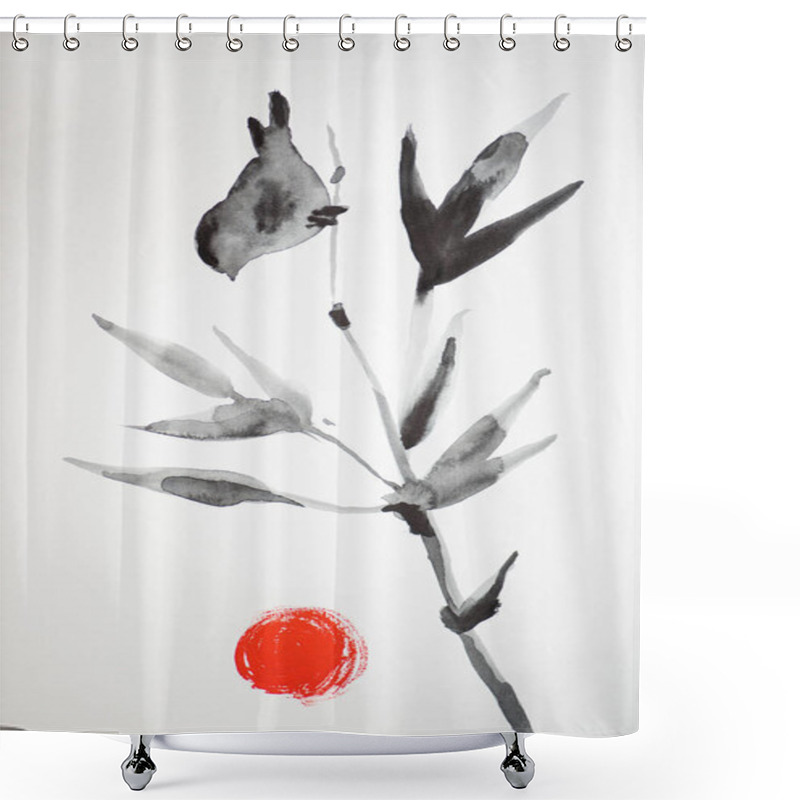 Personality  Japanese Painting With Branch, Birds And Sun On White Background Shower Curtains