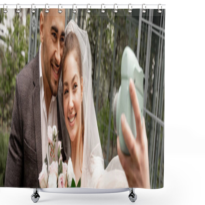 Personality  Happy Bride Taking Photo With Groom On Digital Camera Outdoors, Banner Shower Curtains