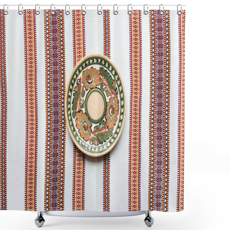 Personality  Top View Of Plate With Traditional Ornament And Embroidered Towel On Background Shower Curtains