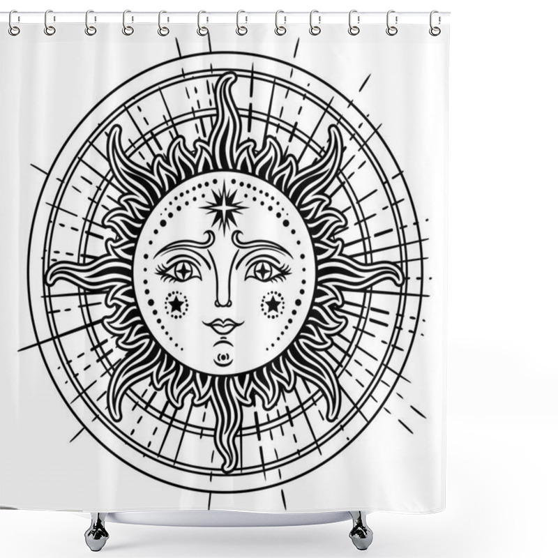 Personality  Vintage Hand Drawn Sun-Moon. Retro Illustration Face Of The Sun, Sun Tattoos, Vintage Graphics. Vector  Illustration. Shower Curtains