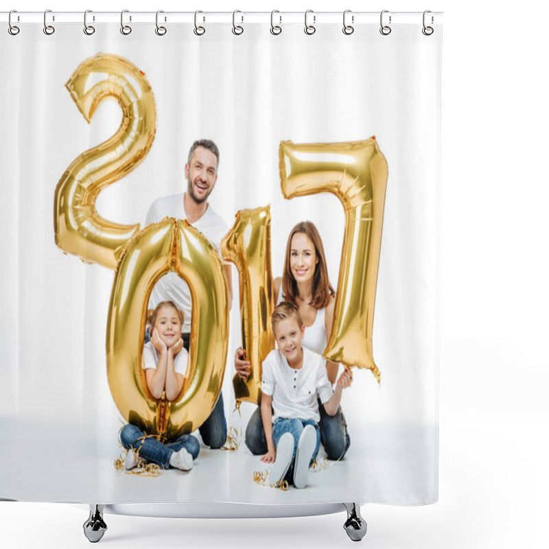 Personality  Happy Family Holding Golden Balloons  Shower Curtains