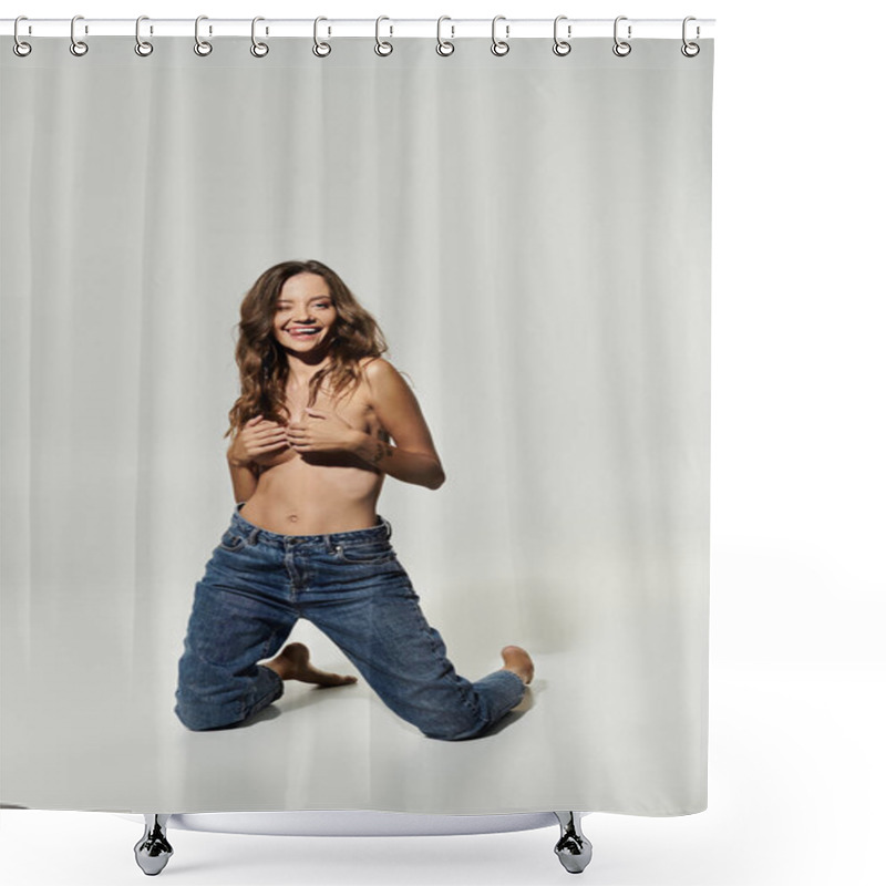 Personality  A Young Woman Exudes Playful Charm While Kneeling With A Joyful Expression. Shower Curtains