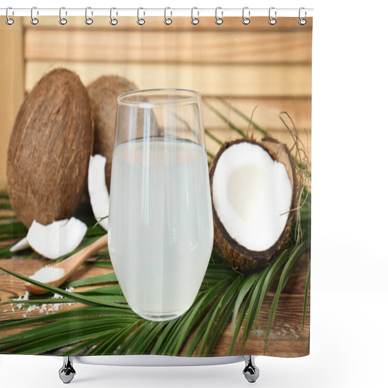 Personality  Glass Of Coconut Water On Wooden Table Shower Curtains