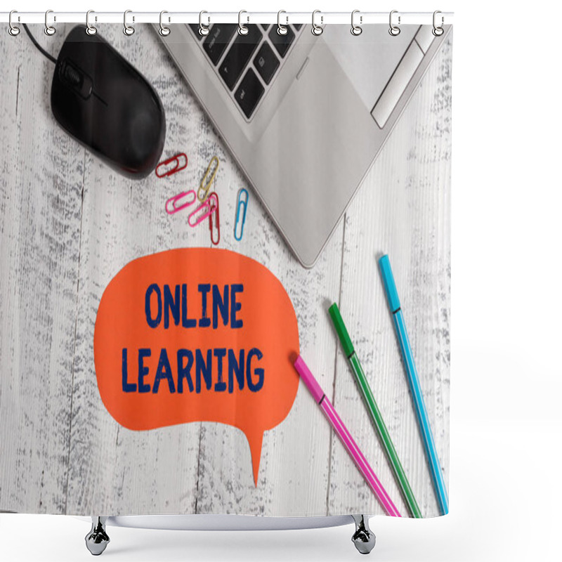 Personality  Text Sign Showing Online Learning. Conceptual Photo Larning With The Assistance Of The Internet And A Computer Metallic Slim Laptop Speech Bubble Colored Clips Pens Mouse Wooden Vintage. Shower Curtains