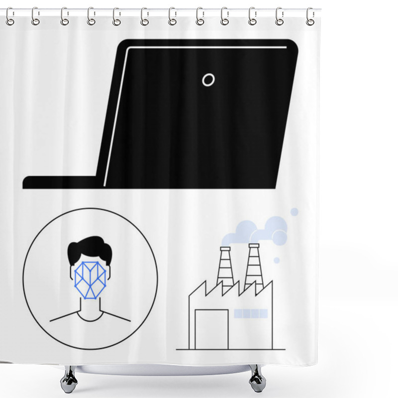 Personality  Laptop, Facial Recognition Overlaid On A Face, And Factory With Chimneys Emitting Smoke. Ideal For Technology, AI, Facial Detection, Data Security, Industry, Sustainability Abstract Line Flat Shower Curtains