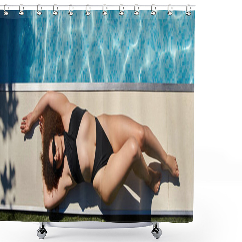 Personality  A Woman With Curly Hair Relaxes By The Pool In A Black Swimsuit, Enjoying The Summer Sun. Shower Curtains