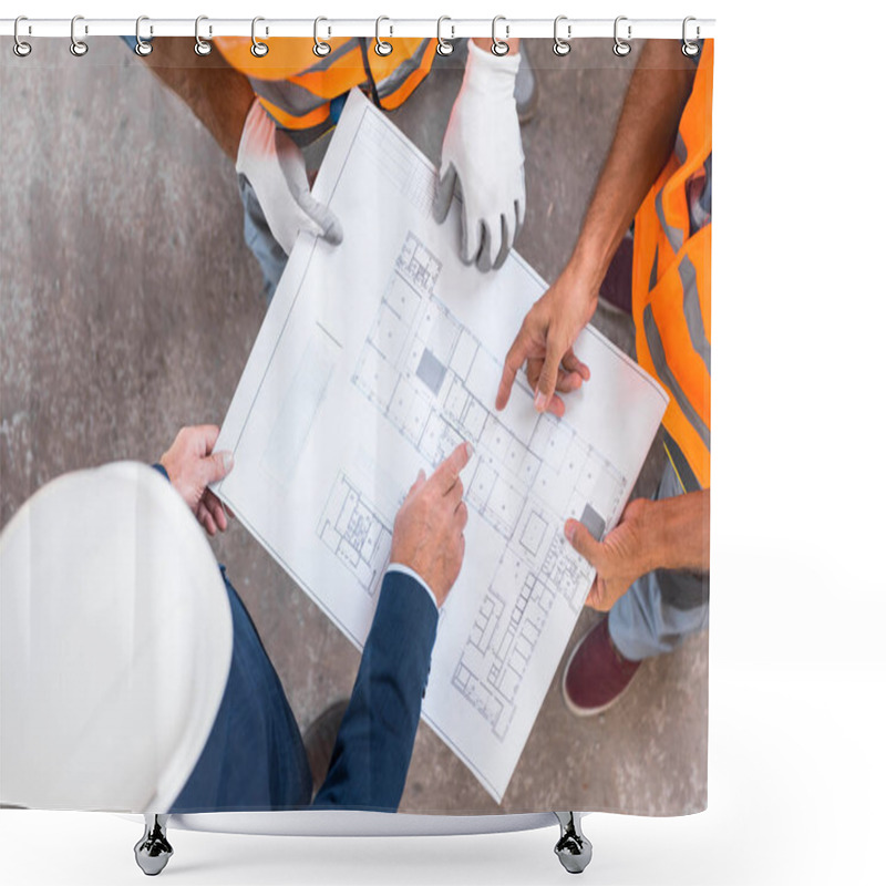 Personality  Top View Of Three Men Standing And Pointing With Fingers At Blueprint  Shower Curtains