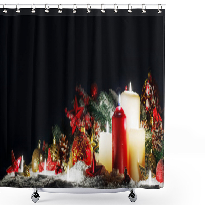 Personality  Burning Christmas Candles With Red And Golden Decorative Stars , Baubles , Pine Cones And Green Branches On Snow Shower Curtains