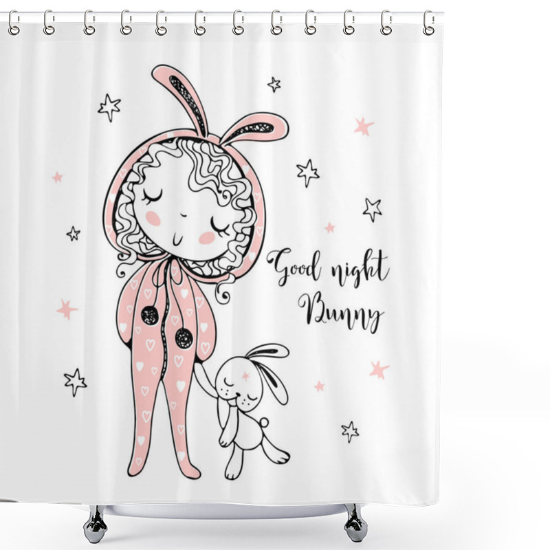 Personality  Cute Girl In Pajamas In The Form Of A Bunny Is Going To Sleep With A Toy. It's Time To Sleep. Vector Shower Curtains