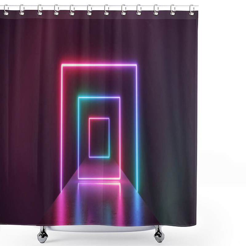 Personality  3d Render, Abstract Neon Background, Virtual Reality Tunnel, Ultraviolet Spectrum, Fashion Catwalk Podium, Empty Performance Stage, Floor Reflection Shower Curtains