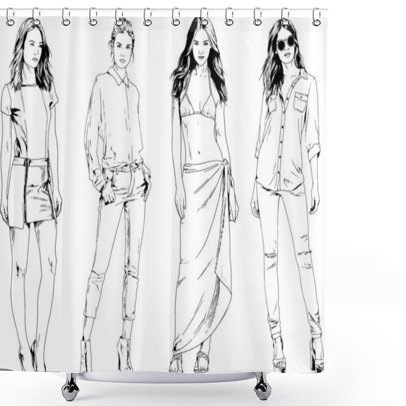 Personality  Beautiful Slim Girl In Casual Clothes, Drawn In Ink By Hand On A White Background Shower Curtains