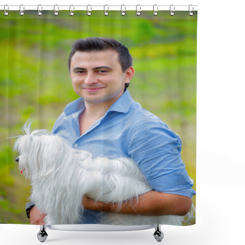 Personality  Man Portrait With Dog Shower Curtains