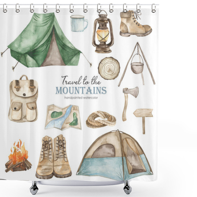 Personality  Traveling In The Mountains With Tents, Climbing Boots, Ax, Bowler Hat, Mug, Lantern, Campfire, Tourist Backpack Watercolor Set  Shower Curtains