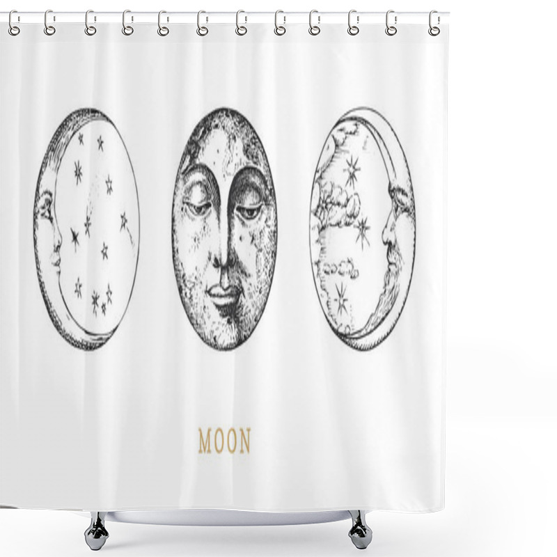 Personality  Moon, Crescents Set, Drawings In Engraving Style. Shower Curtains