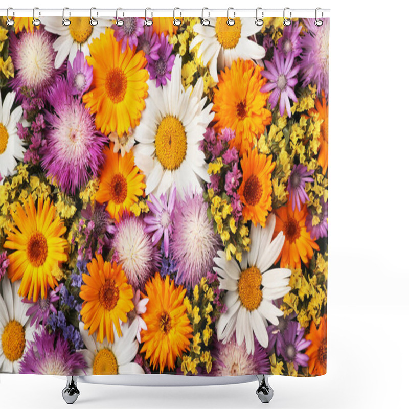 Personality  Blooming Wild Flowers As Background, Top View Shower Curtains