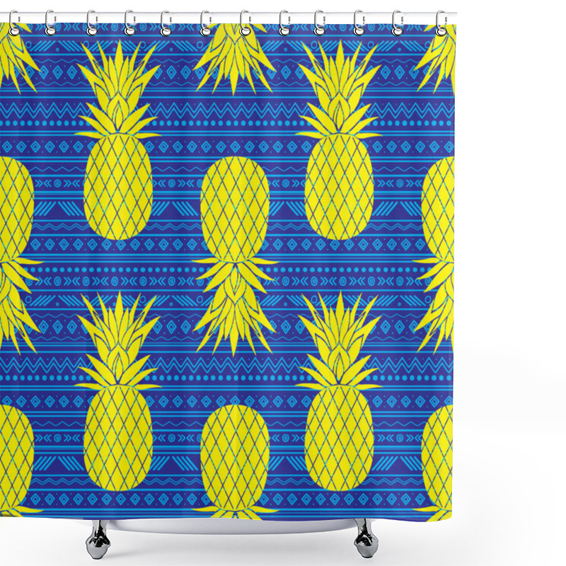 Personality  Vectorblue Blue And Yellow Tribal Pineapples Stripes Seamless Pattern Background Shower Curtains