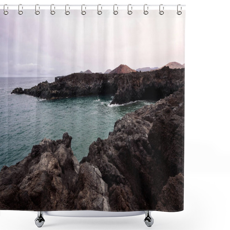 Personality  Foamy Sea Breaking Over Cliff Of The Volcanic Coast Of Los Hervideros In Yaiza, Lanzarote At Canary Islands, Spain, Concept Of Wild Nature Shower Curtains