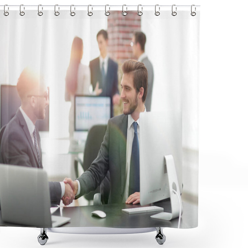 Personality  Successful Managers Shaking Hands After Closing Deal In Office Shower Curtains