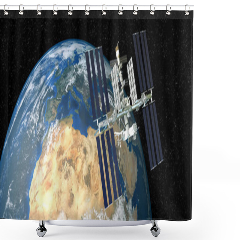 Personality  Extremely Detailed And Realistic High Resolution 3D Illustration Of International Space Station ISS Orbiting Earth. Shot From Space. Elements Of This Image Are Furnished By Nasa. Shower Curtains