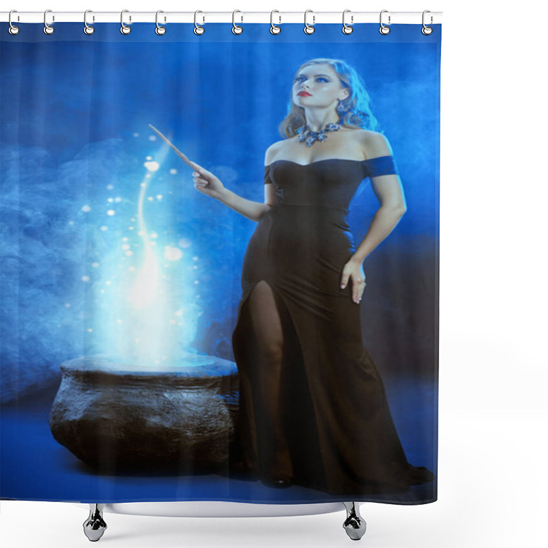 Personality  A Gorgeous Young Witch In An Elegant Black Off-the-shoulder Dress Conjures Over A Boiling Cauldron With A Magic Wand. Halloween Magic. Dark Blue Background. Shower Curtains