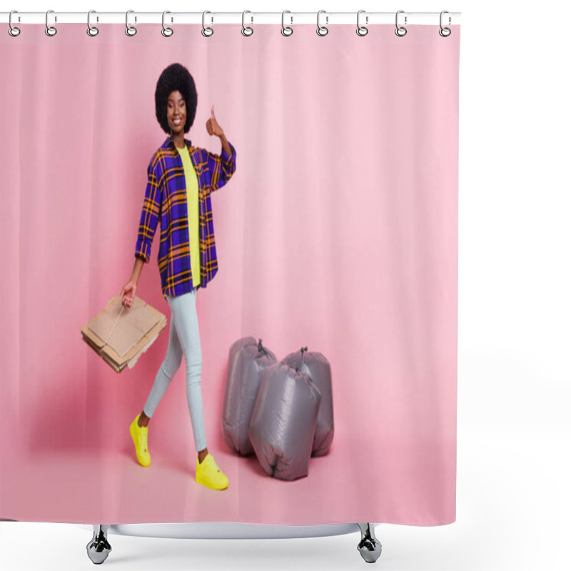 Personality  Full Length Body Size View Of Pretty Cheerful Girl Throwing Waste Save Planet Earth Showing Thumbup Isolated Over Pink Pastel Color Background Shower Curtains