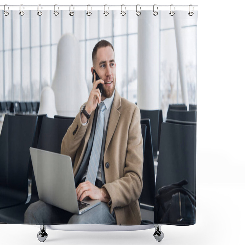 Personality  Happy Businessman Working On The Laptop And Talking On Cellphone At The Airport Waiting Lounge. Handsome Caucasian Businessman At Waiting Room In Airport Terminal Shower Curtains