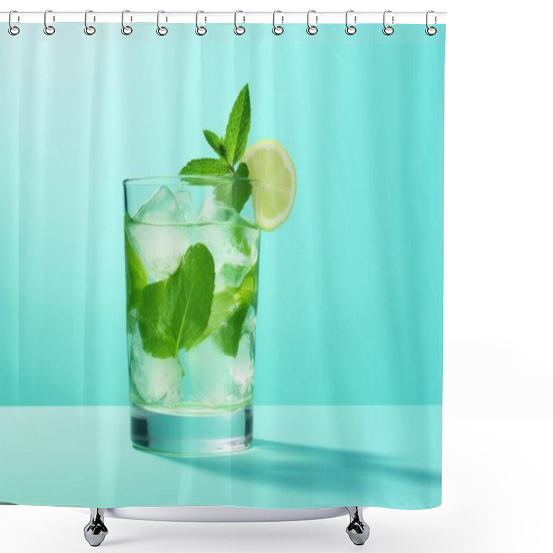 Personality  Refreshing Mint And Lemon Cocktail With Ice Against A Vibrant Teal Background. Shower Curtains