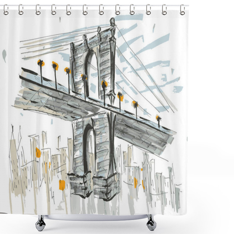 Personality  Brooklin Brige, NYC, USA. Hand Drawn Marker Sketch Eps10 Vector Illustration. Shower Curtains