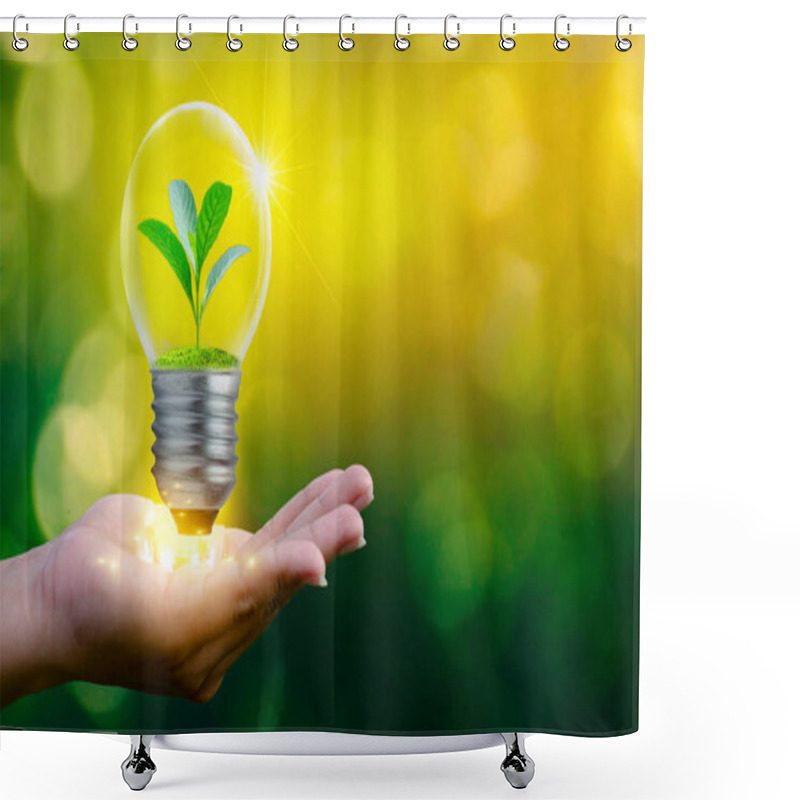 Personality  The Forest And The Trees Are In The Light. Concepts Of Environmental Conservation And Global Warming Plant Growing Inside Lamp Bulb Over Dry Soil In Saving Earth Concept Shower Curtains