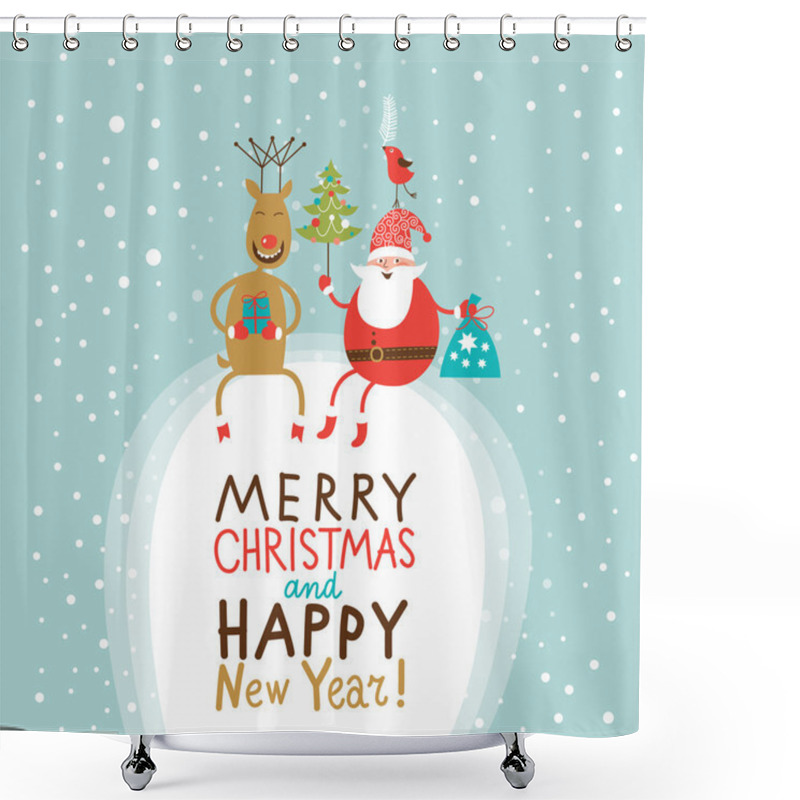 Personality  Christmas And New Year Greeting Card, Santa Claus With Gifts Bag And Christmas Tree And Funny Deer Shower Curtains