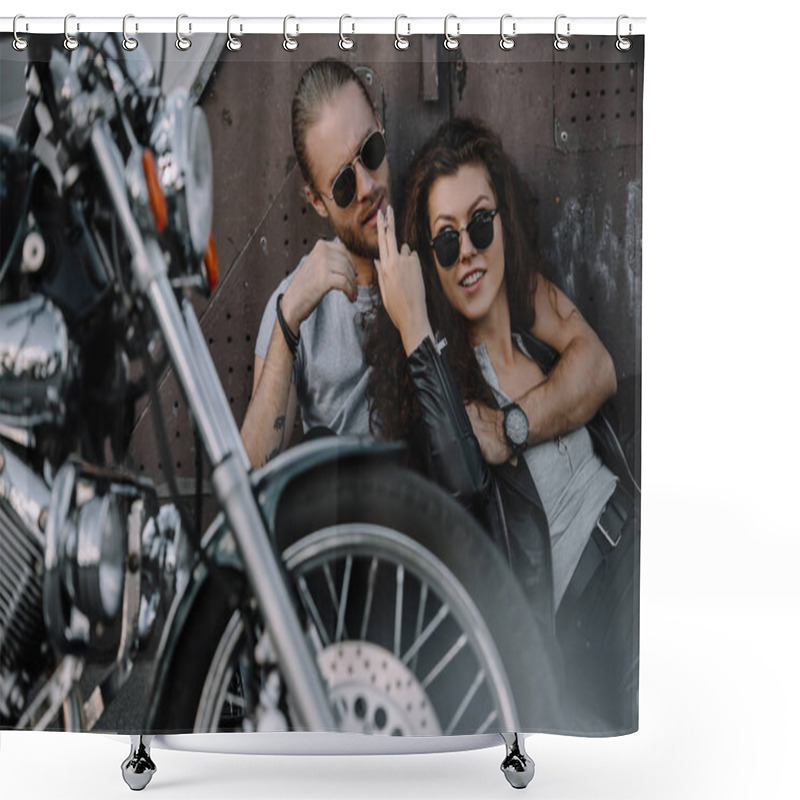 Personality  Couple Hugging And Smoking Cigarette On Asphalt With Chopper Motorbike Shower Curtains