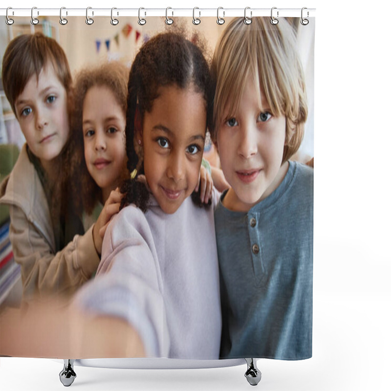 Personality  POV Diverse Group Of Happy Children Taking Selfie Photo Together And Smiling At Camera Shower Curtains