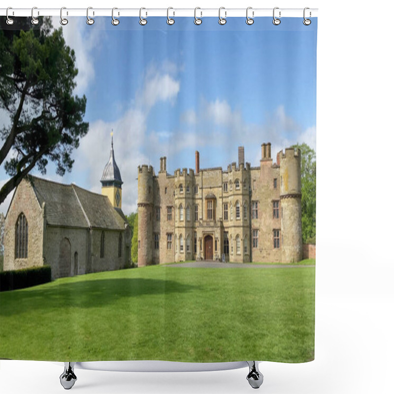 Personality  Croft, Herefordshire, UK - 05.14.2023: Beautiful View Of The Historic Croft Castle And Its Adjacent Church Situated In The Picturesque Countryside Under A Bright And Clear Sky. Shower Curtains