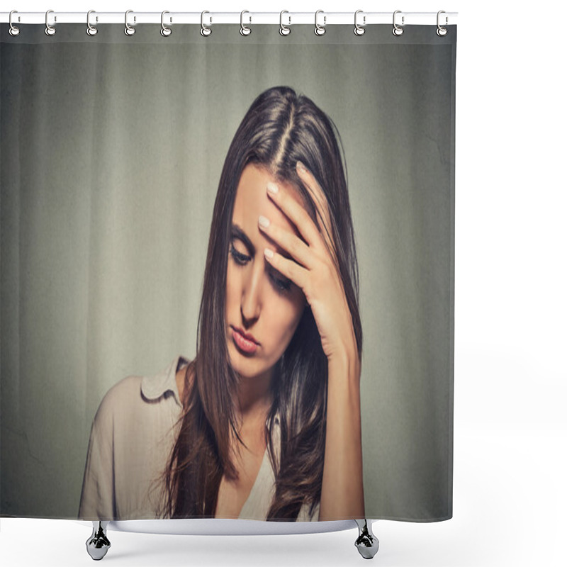 Personality  Portrait Stressed Sad Young Woman Looking Down  Shower Curtains