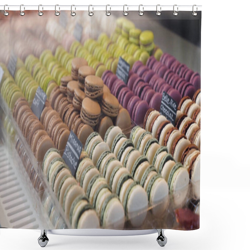 Personality  Close-up Of Variety Of Macaroon Cookies. Action. Macaroon Almond Cookies Win Hearts Of Many Sweet Lovers. Macaroons For Every Taste And Color In French Bakery Shower Curtains