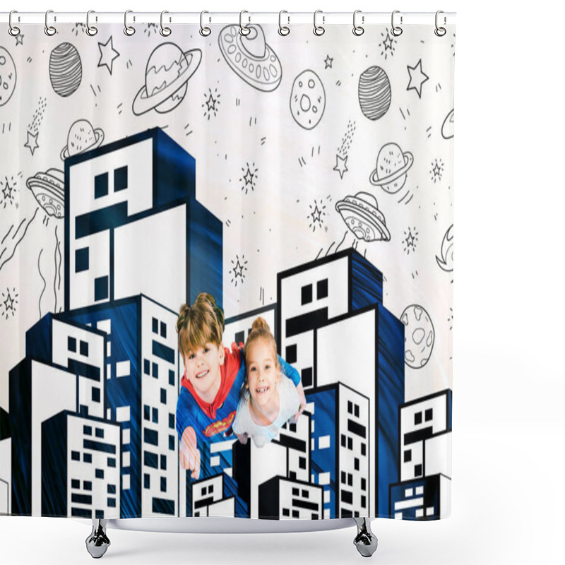 Personality  Top View Of Cheerful Kids Flying Near Buildings And Planets On White  Shower Curtains