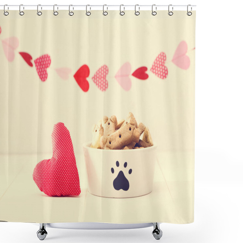 Personality  Dog Treats On Bowl With A Heart Cushion Shower Curtains