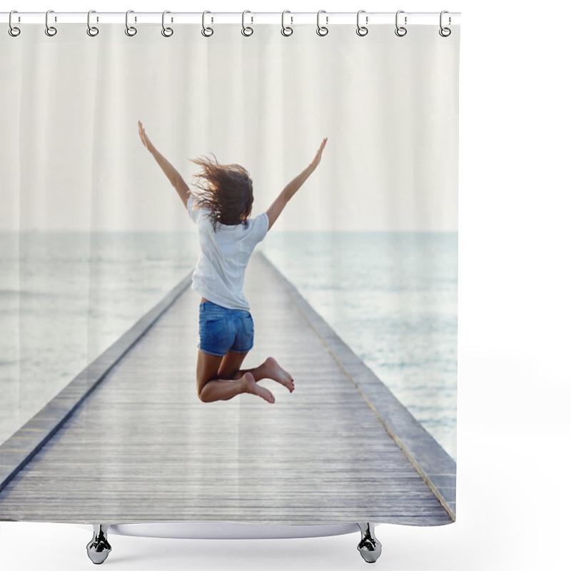 Personality  Back View Of Jumping Girl On Pier Shower Curtains